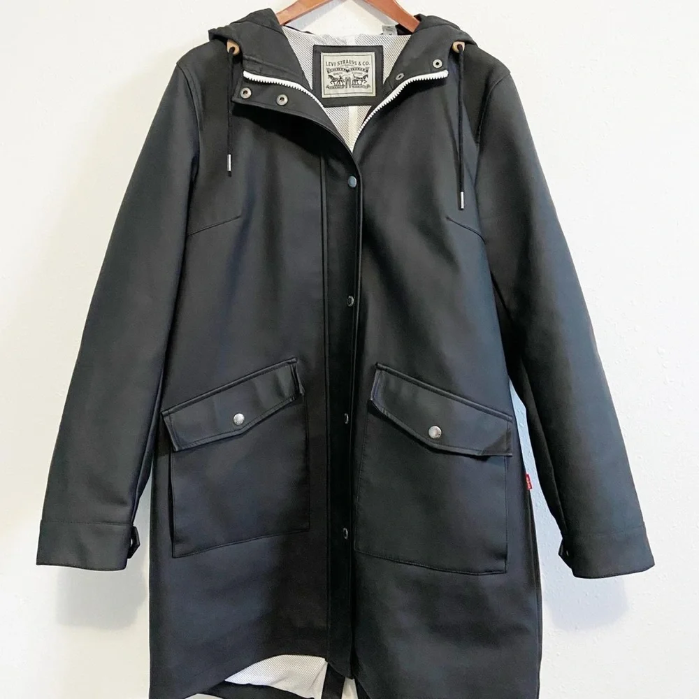 Levi's Rubberized Water Resistant Black Faux Leather Parka Rain Jacket - Picture 4 of 8